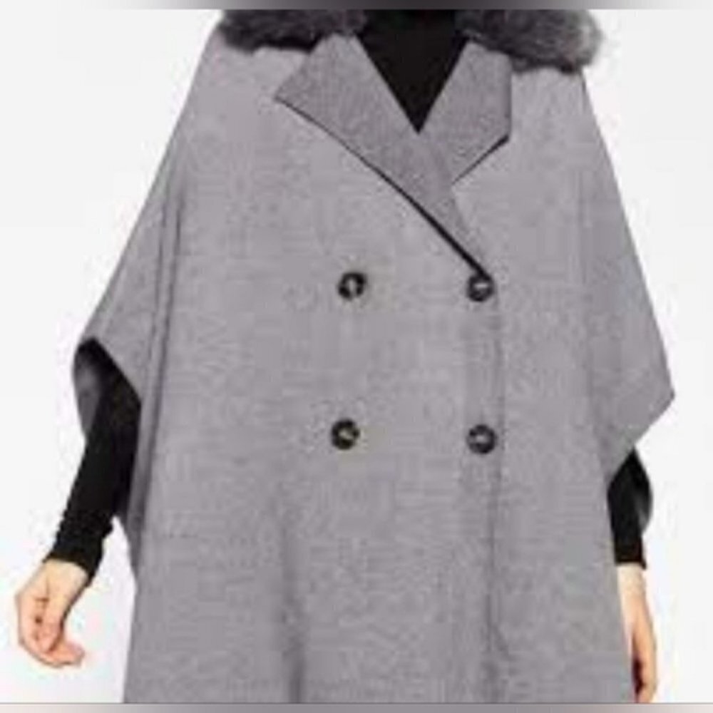 ZARA Coat Jacket Fur Collar Knit Cape Poncho Faux Coat Jacket - Picture 3 of 8